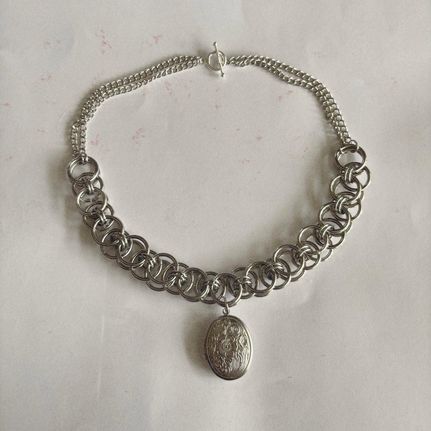 Locket Chainmail Silver Upcycled Necklace